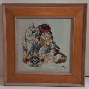 Framed Cross-stitch. Native American Child and Dog. Signed. 1998.